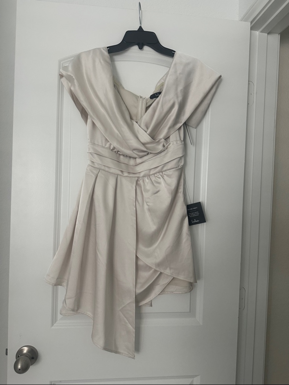 Lulu's Off-Shoulder Asymmetrical Satin Dress in Cream